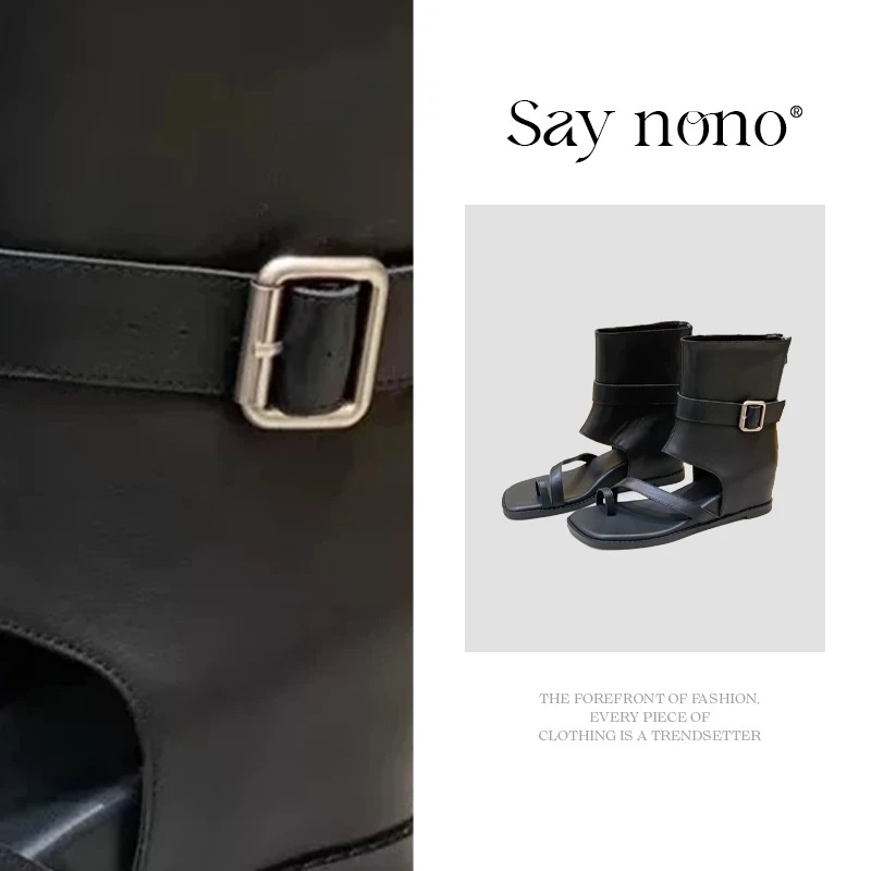 Say  nono  复古方头套趾短筒裤管靴增高气质坡跟百搭凉靴5cm