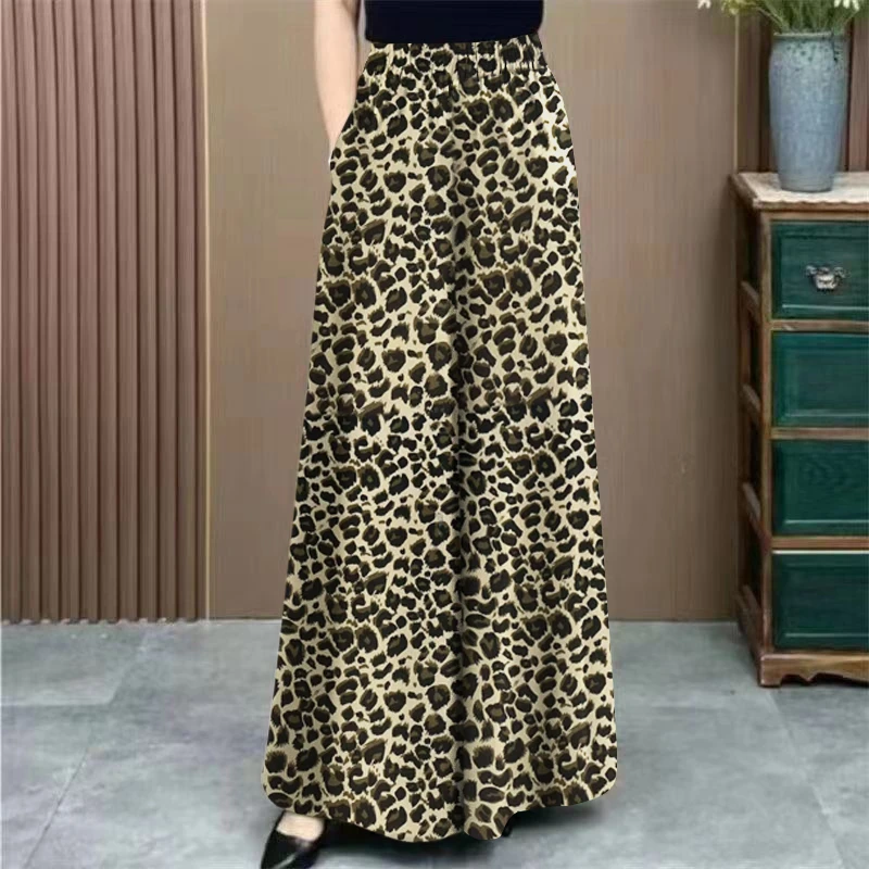 夏季新款中老年豹纹冰丝阔脚裤复古气质时尚印花宽松休闲裤长裤