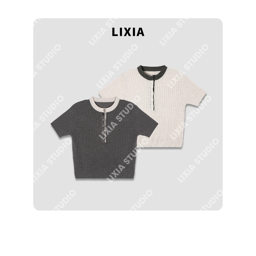 LIXIA【午后咖啡】欧美风撞色设计款短袖套头圆领针织衫-D7289
