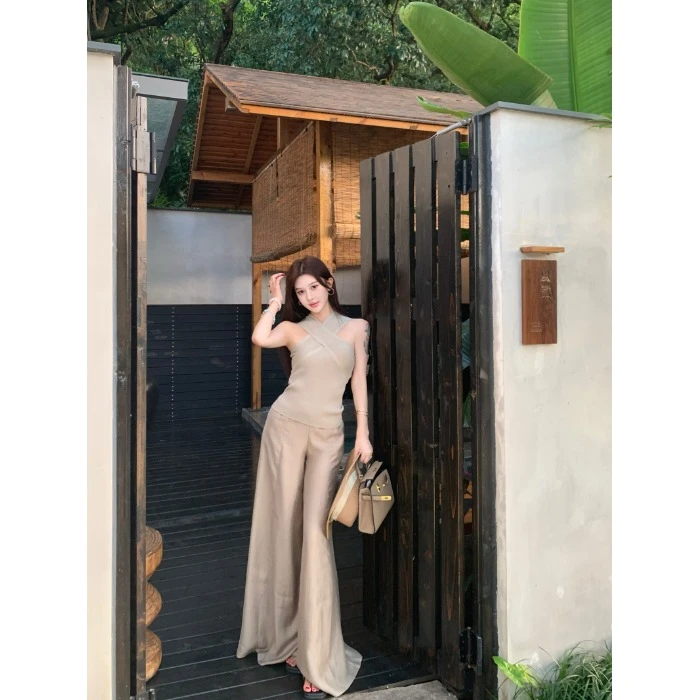 设计感交叉挂脖背心女装夏季无袖针织内搭休闲裤垂感拖地裤两件套
