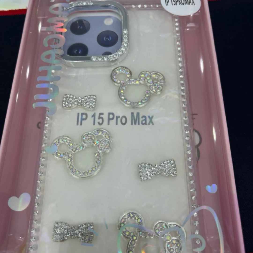 适用15proMax手机壳贝壳闪钻kt猫钻边框立体保护套水钻蝴蝶结米奇公仔精孔贝壳纹