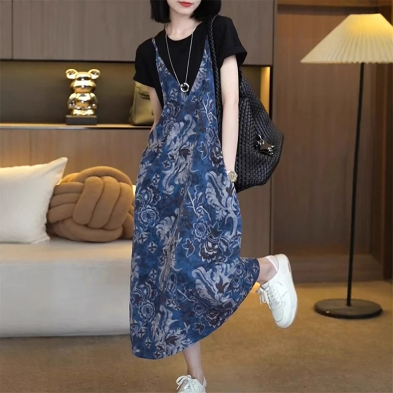 大码女装夏季时尚设计感假两件碎花连衣裙胖mm遮肉显瘦复古长裙子
