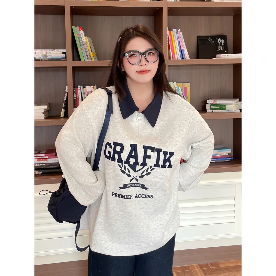 大码女装秋季温婉大气花契200斤胖mm美式慵懒风polo卫衣15564-Q