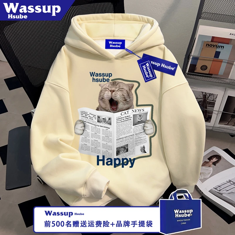WASSUP HSUBE美式潮流秋冬连帽加绒加厚上衣小猫印花男女杏色卫衣