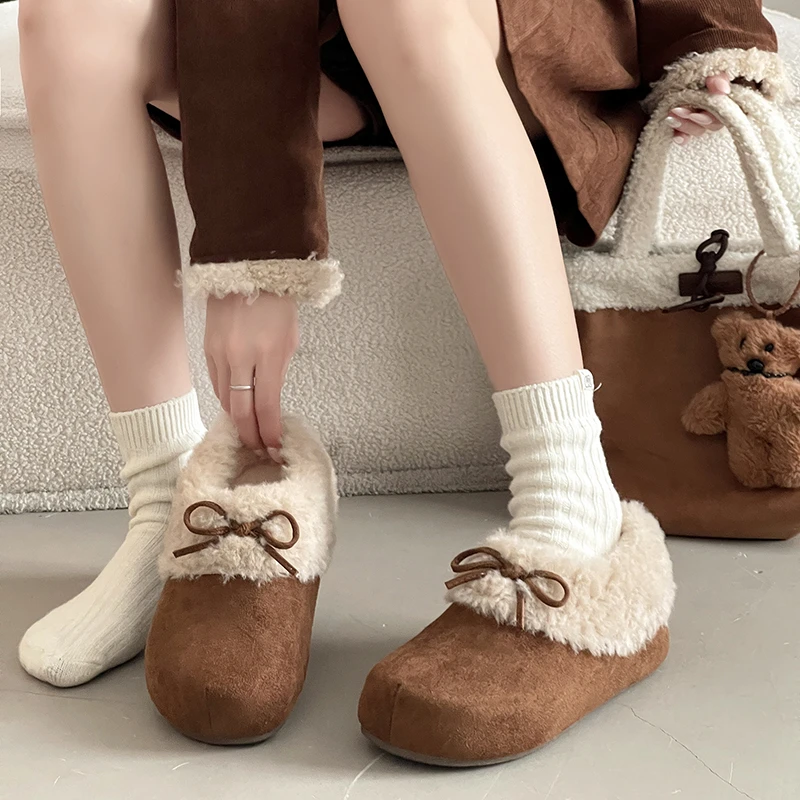 OJRZ蝴蝶结带厚底雪地靴女2025新款冬毛毛勃肯包头拖加绒东北棉鞋