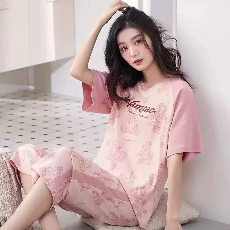 睡衣女士纯棉春秋款夏季短袖七分裤睡裙薄款家居服全棉三件套装