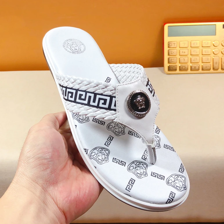 夏季新款欧洲站男编织扣拖鞋潮流印花人字拖沙滩夹脚夏季室外凉拖