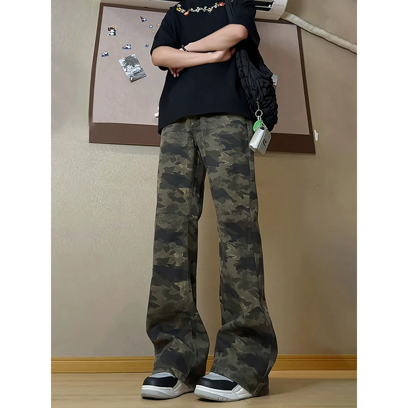 美式高街vibe迷彩裤子男款复古伐木工装裤cleanfit直筒微喇牛仔裤