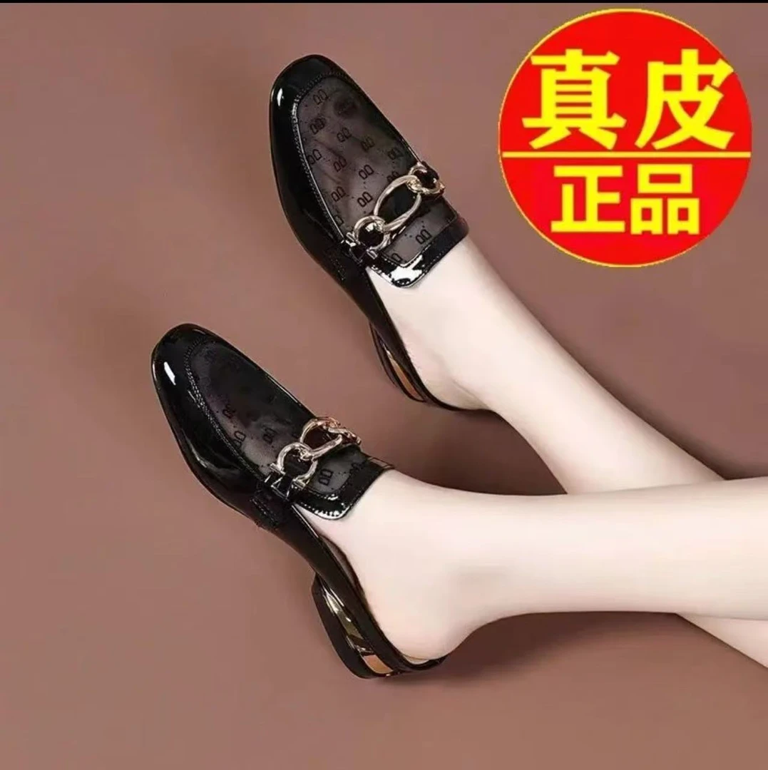 真皮网纱半拖2025夏季新款包头半拖鞋女夏外穿中跟粗跟凉拖鞋女