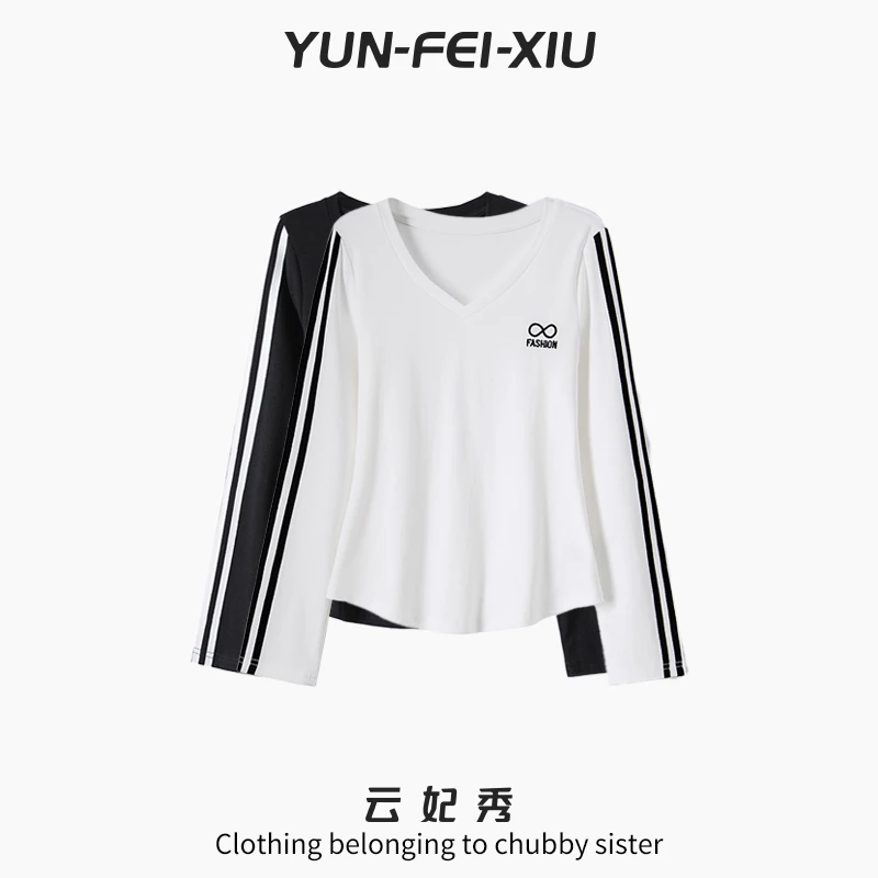 云妃秀大码女装T恤时尚休闲胖妹妹显瘦宽松条纹V领上衣秋80376