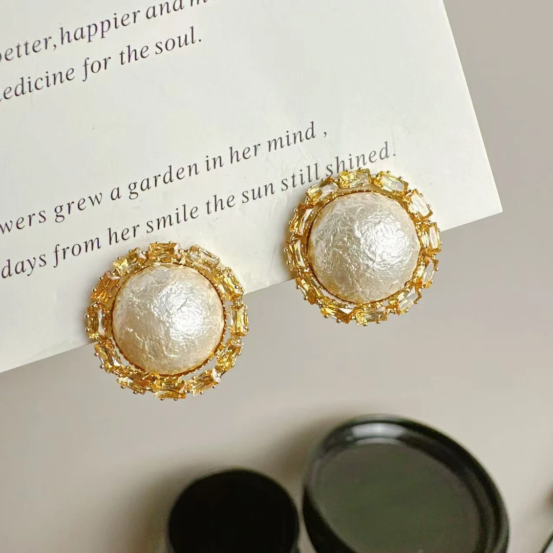 铜合金耳饰 【名媛珠珠】法式温柔优雅气质简约锆石珠珠耳饰 F281