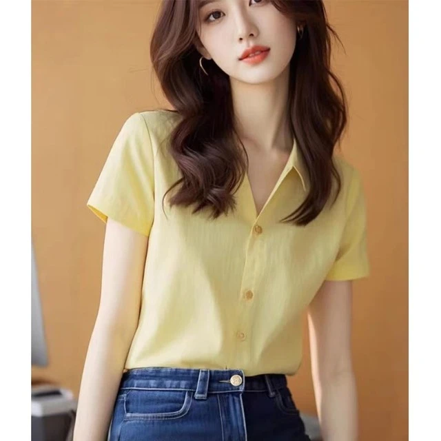 黄色短袖衬衫女2025夏季新款高级感独特漂亮法式气质翻领T恤上衣