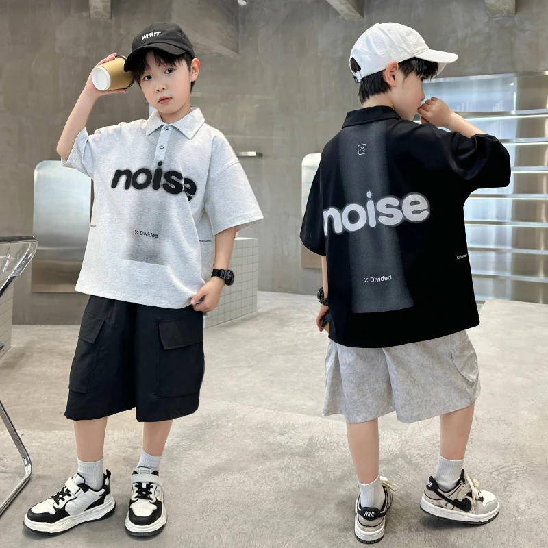 男童polo衫短袖套装夏季薄款6-12岁中大童时髦帅气两件套儿童男孩