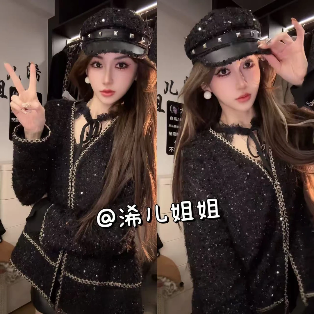 （浠儿家）定制款法式千金小香重工亮片细闪气质针织开衫