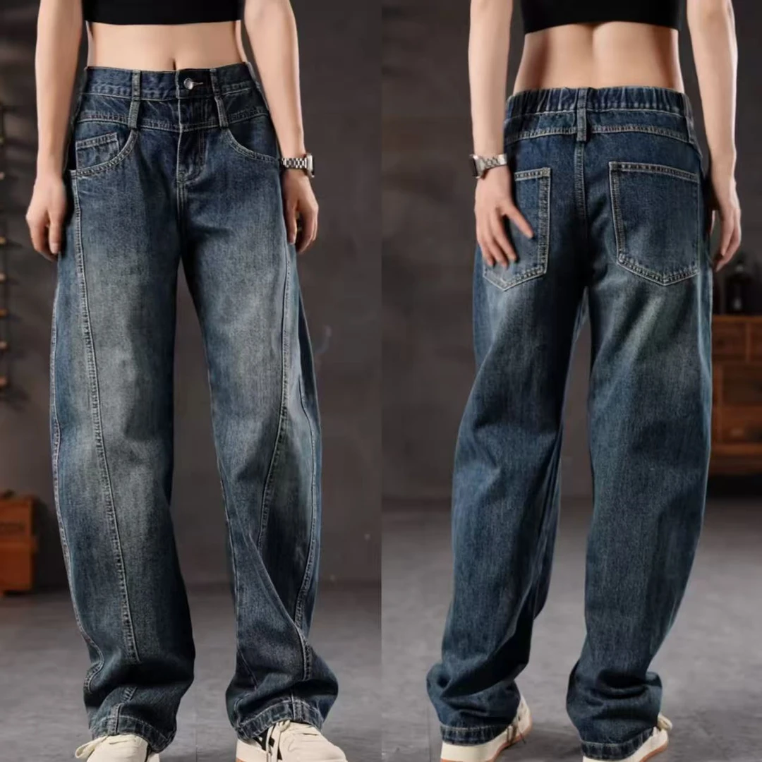 美式复古做旧弯刀裤秋季阔型水洗牛仔裤男士时尚显瘦百搭休闲