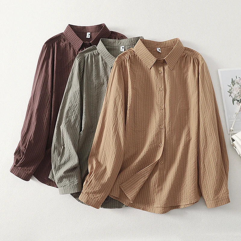 复古条纹复古气质衬衫上衣女装2025秋季文艺全棉长袖衬衣显瘦外套