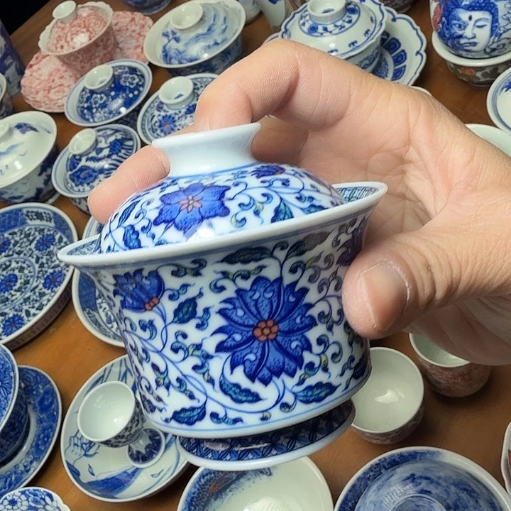 手绘釉下五彩二才盖碗