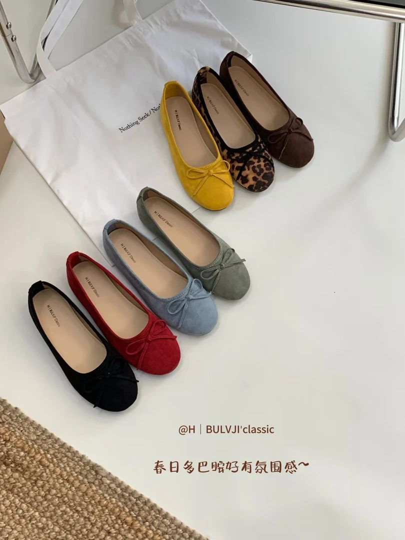 C9933-1 多巴胺彩色圆头单鞋～绒面软底百搭新款蝴蝶结通勤女鞋