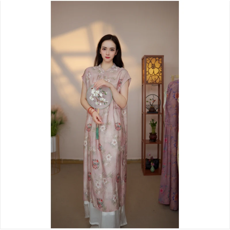 素麻【粉茶花】月亮袖019新款夏季女装连衣裙新中式气质百搭显瘦