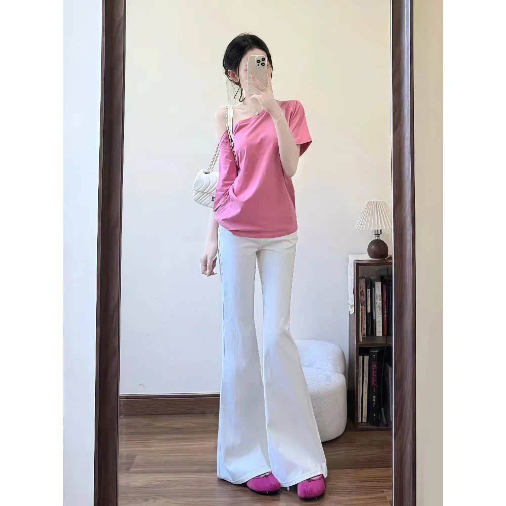 一整套ootd穿搭减龄套装女夏季纯欲斜肩短袖上衣微喇牛仔裤两件套