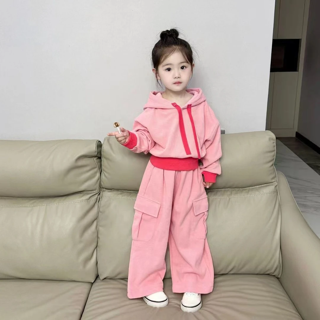 抗菌品质女童套装春秋款中小童连帽卫衣工装裤两件套女宝秋季韩版