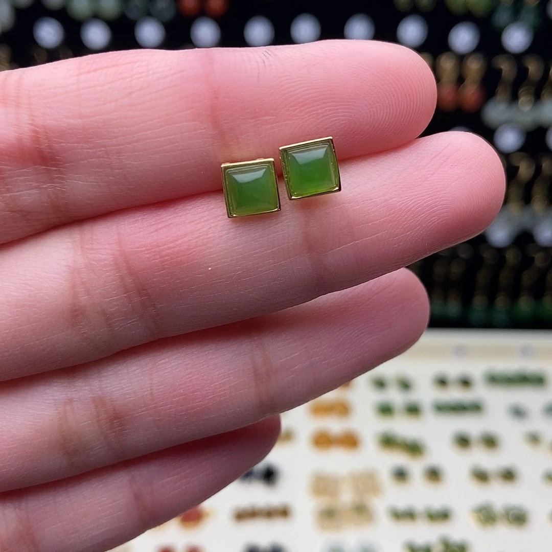 和田玉银S925镀金镶嵌耳饰