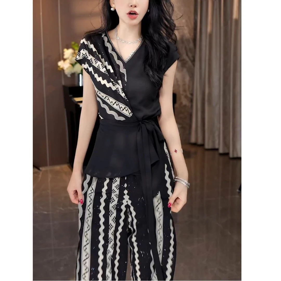 短袖休闲上衣百搭洋气高腰阔腿裤套装夏季新款通勤时尚拼接两件套