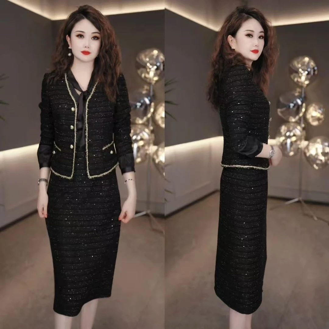 【两件套】 外套+连衣裙秋季新款时尚优雅气质显瘦轻奢连衣裙套装