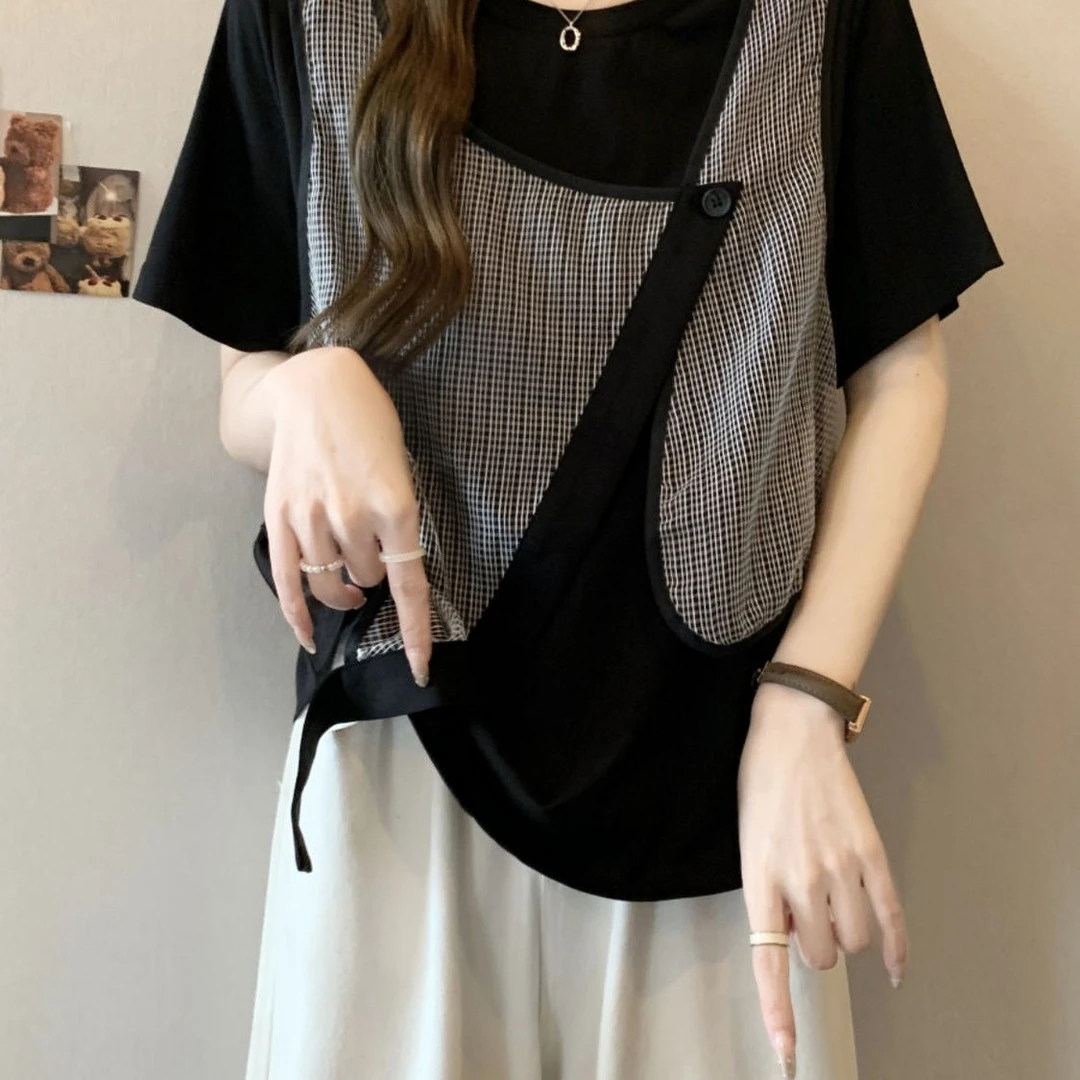 300斤加大码春夏季独特不规则格子拼接短袖男士t恤宽松设计感上衣