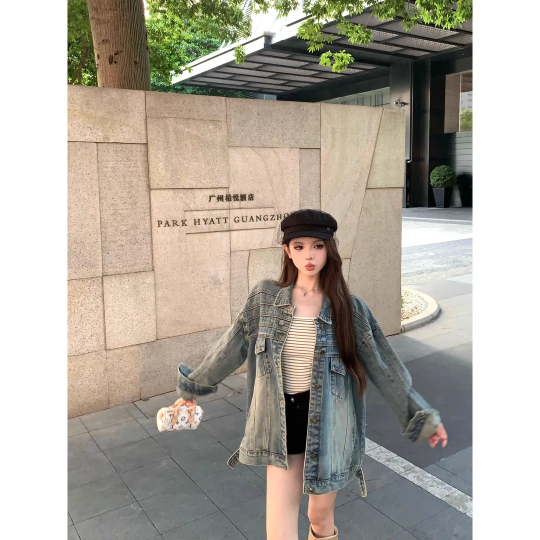 时尚设计感潮流压褶做旧长袖牛仔外套女秋季宽松显瘦百搭夹克上衣