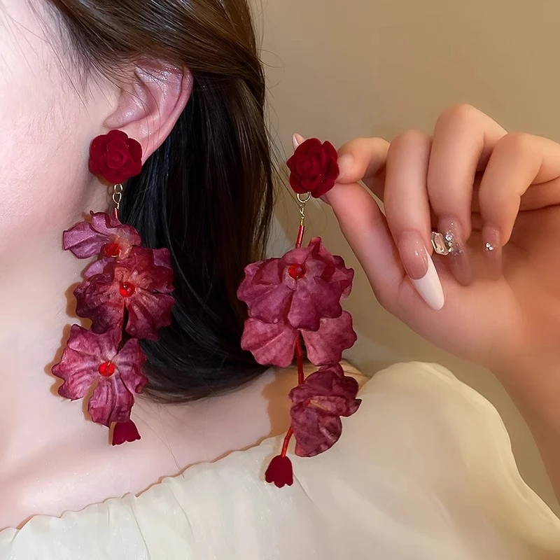 铜合金耳饰 流苏耳环度假风轻奢高级感红色玫瑰新娘耳饰夸张耳钉