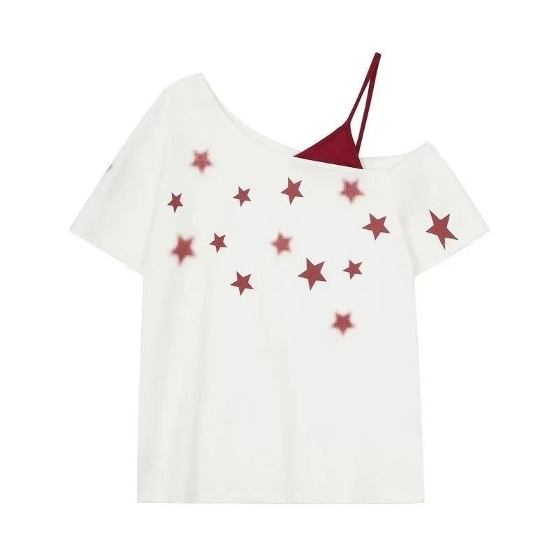 新款夏天设计感上衣百搭时尚一字领露肩短袖t恤女洋气ins风上衣