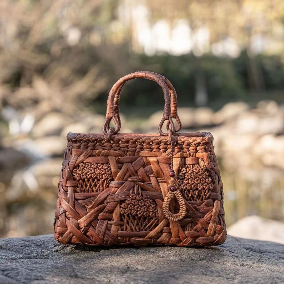 非遗葡萄藤梯形藤编包包蘑菇包