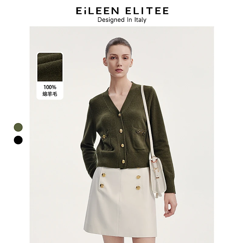 达人朗姿欧洲EiLEENELITEE纯羊毛针织衫黑色气质v领上衣24