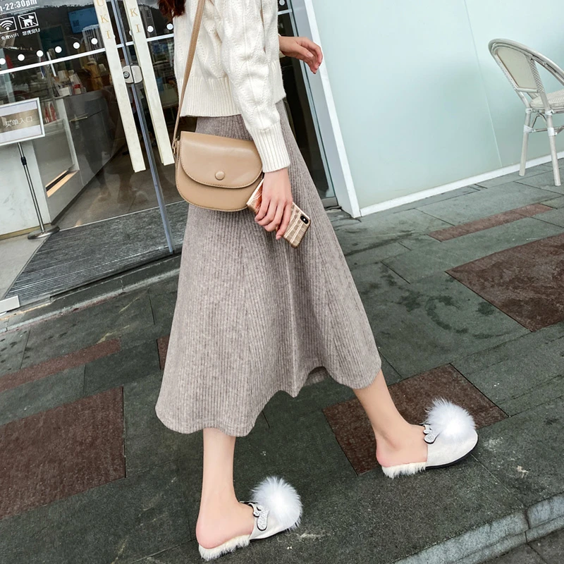 针织半身裙a字裙秋冬女中长款高腰百搭宽松大码遮胯裙子显瘦伞裙