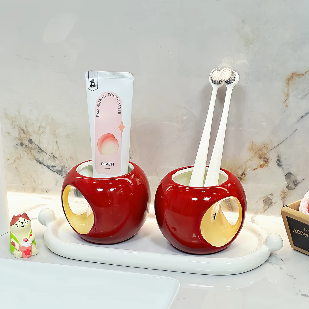 创意INS风圆苹果漱口杯卫生间洗手台高颜值陶瓷洗漱杯套装刷牙杯
