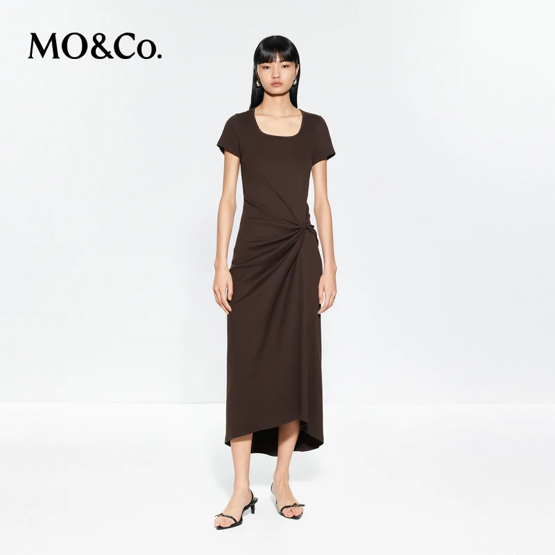 MOCO连衣裙2025夏新品解构扭结高腰收腰短袖正肩长裙MBE2DRS002