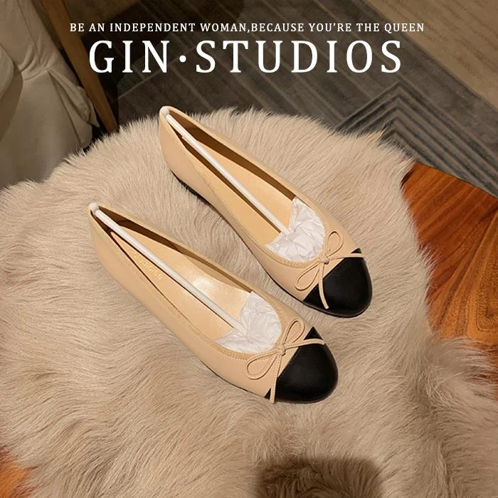 小香风单鞋女百搭拼色软底圆头浅口瓢鞋法式气质复古芭蕾平底鞋子