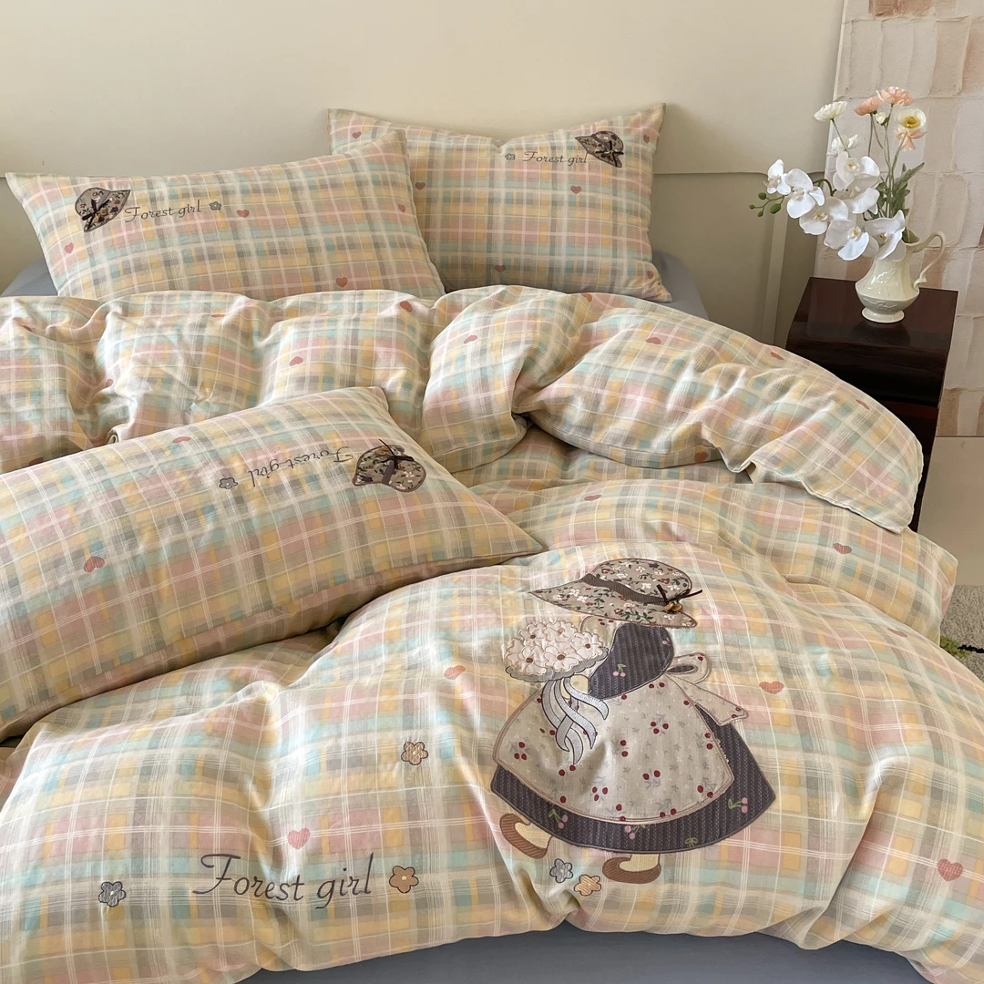 适禾家100%全棉双层纱立体刺绣母婴亲肤少女心床上用品四件套