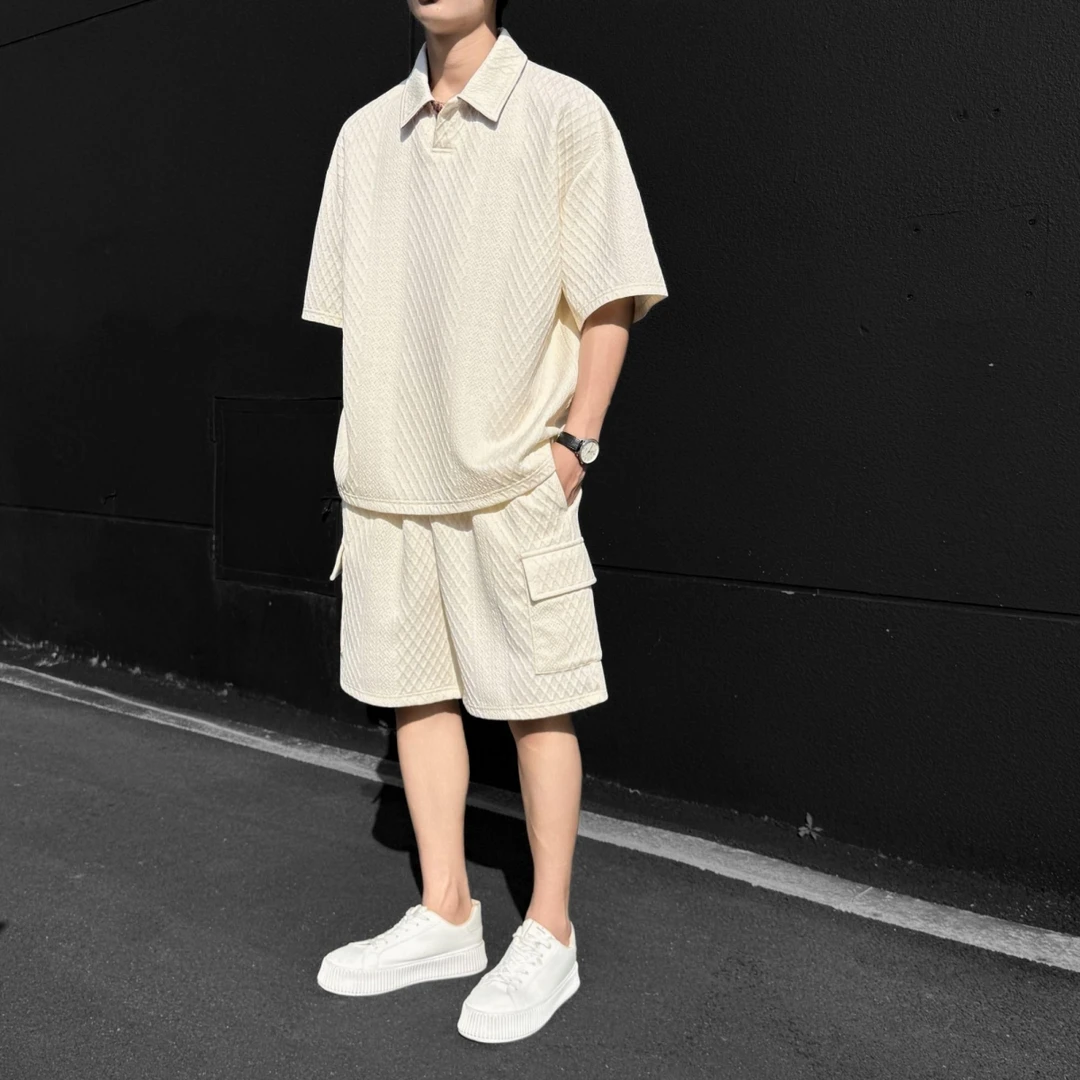 站夏季肌理感重磅纯色t恤男宽松运动大码男士套装短袖高端polo衫
