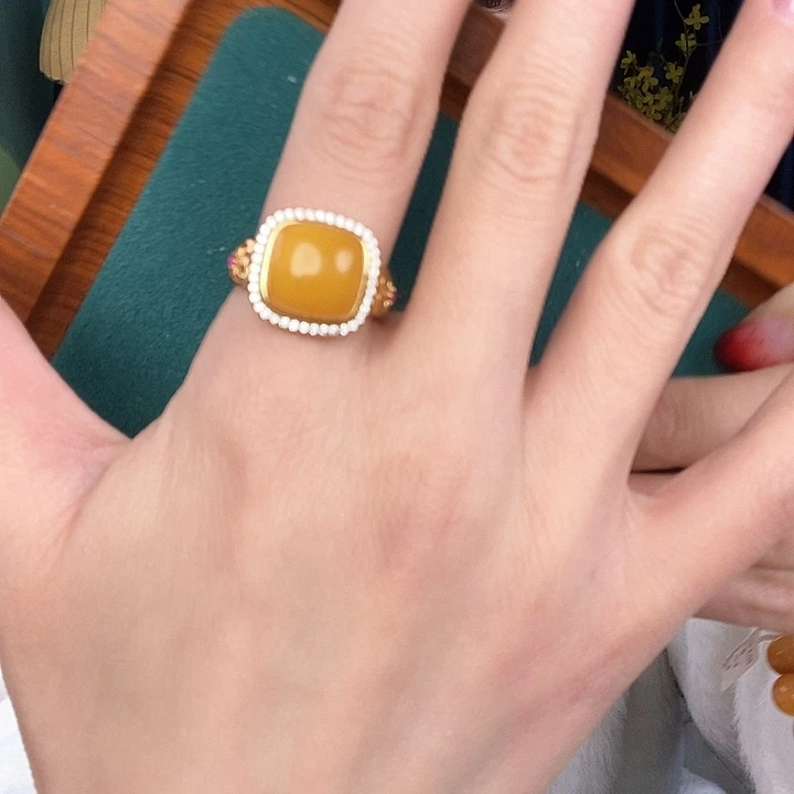 蜜蜡戒指银S925镶嵌戒指