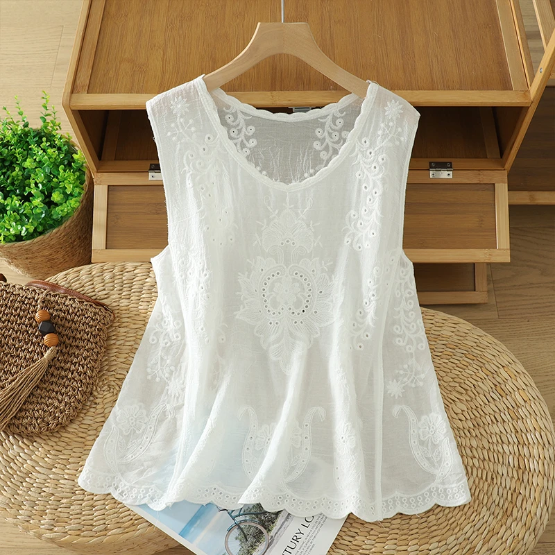 夏季时尚新款休闲百搭文艺薄款宽松刺绣背心透气修身衬衫上衣女