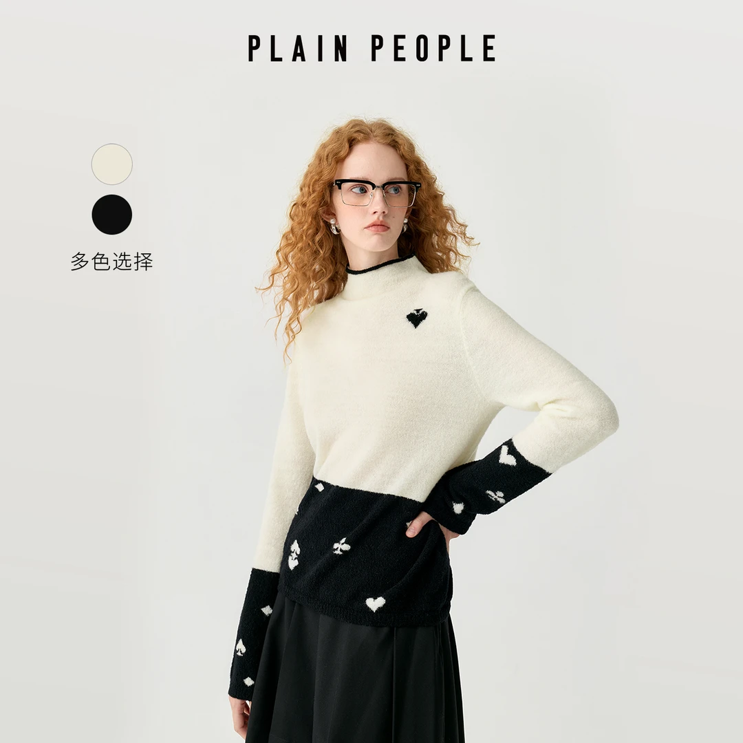 PLAIN PEOPLE复古学院纸牌花立领撞色边针织上衣女白色2025秋新款