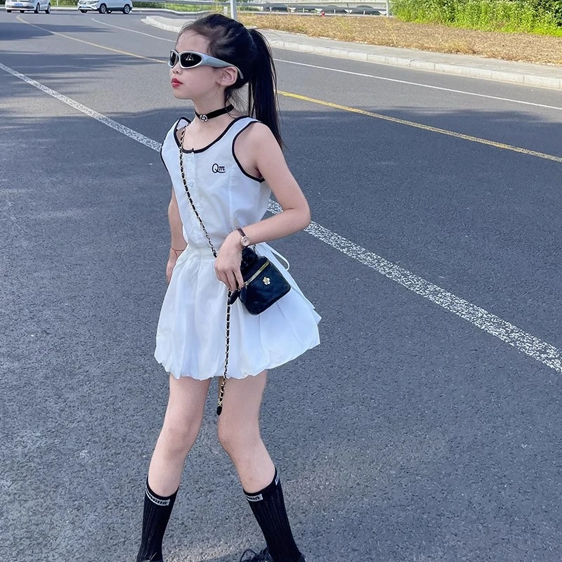 女童法式撞色方领无袖背心连衣裙夏季温柔收腰花苞短裙显瘦裙子潮