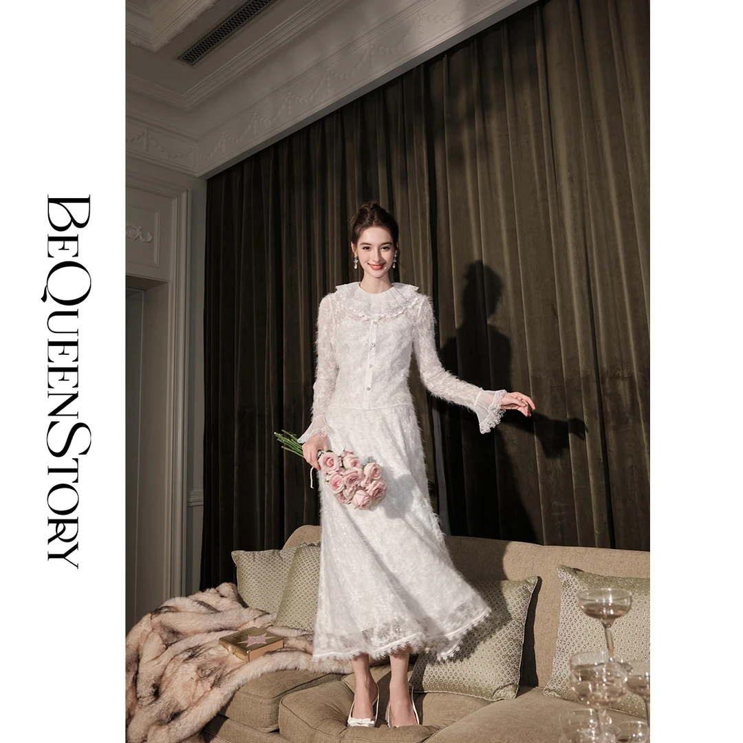 余潇潇【月见花溪】法式花边蕾丝拉毛收腰衬衫上衣&半身裙套装