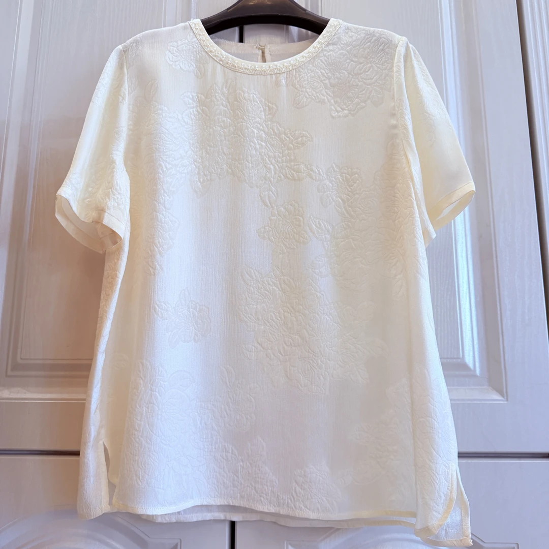 新中式圆领短袖上衣桑蚕丝花罗冠乐绉休闲百搭T恤女装