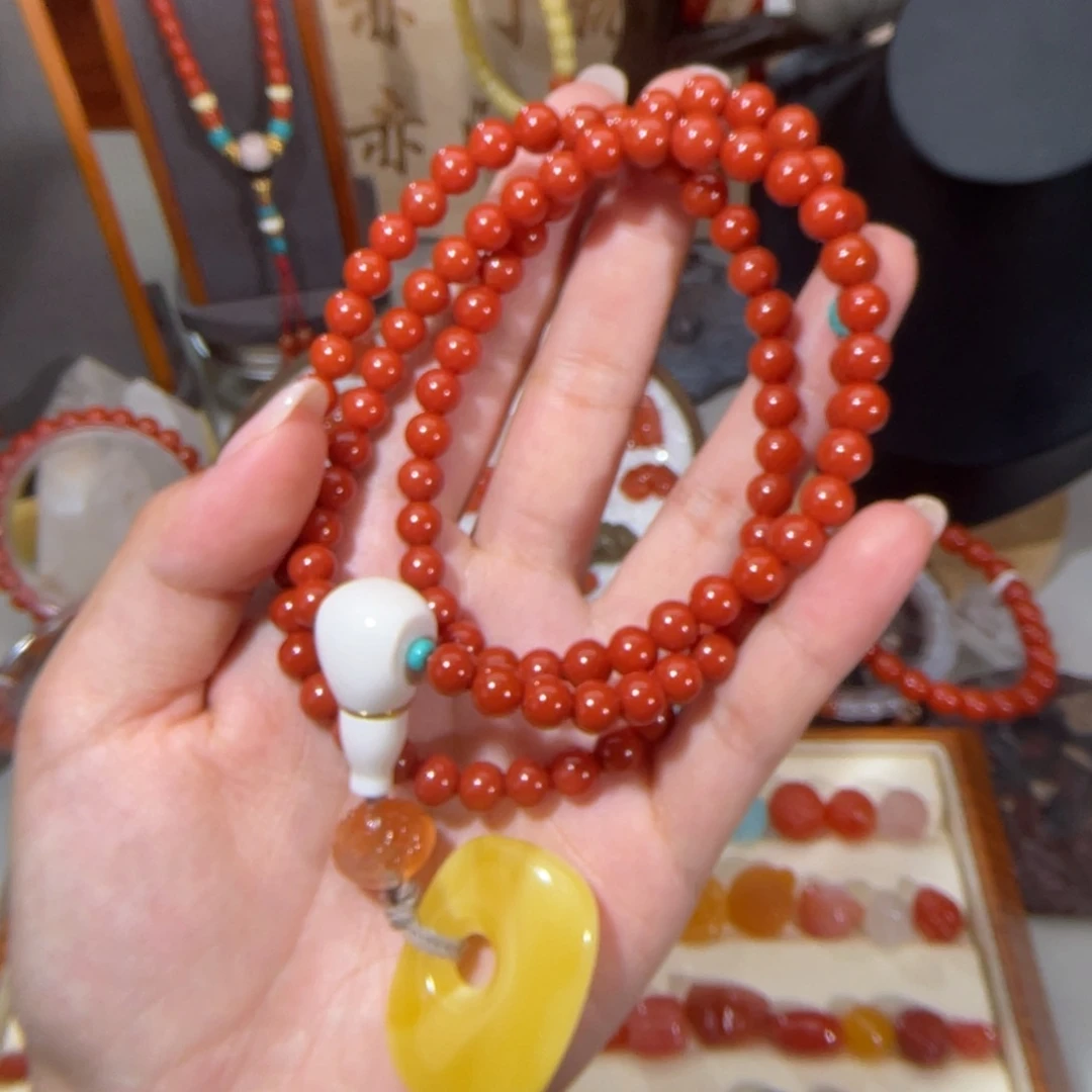 南红玛瑙圆珠108念珠串6.8mm未镶嵌