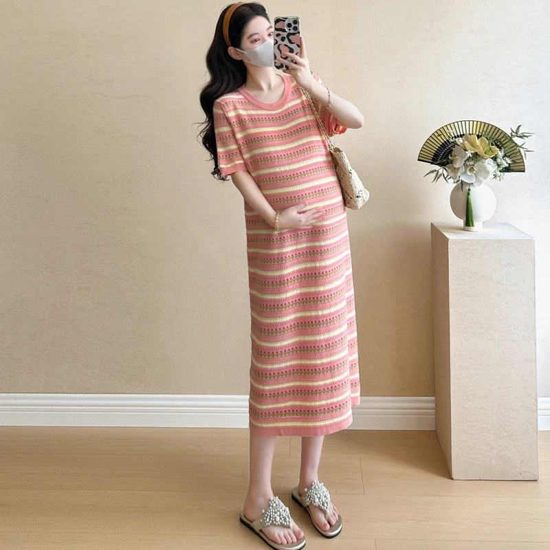 夏季新款甜美孕妇装大码针织孕妇妈妈连衣裙宽松条纹懒人款孕妇裙