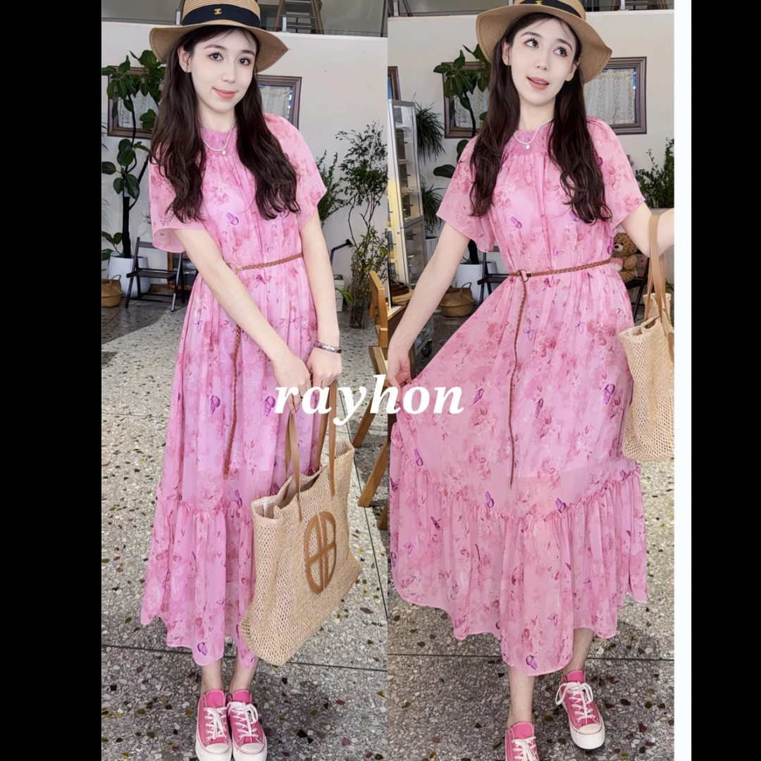 Rayhon女士夏季流行爆款掐腰法式蓝色v领泡泡袖连衣裙