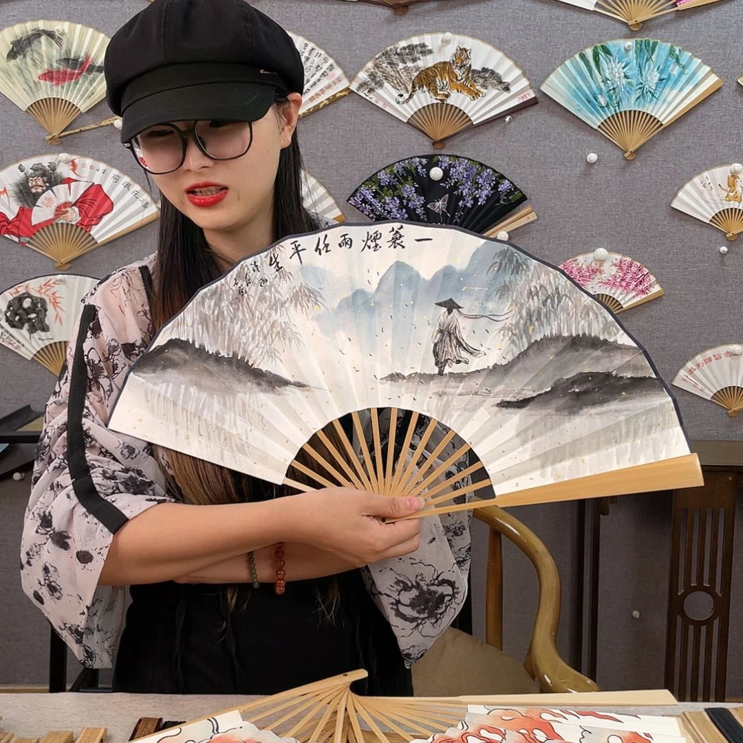 国画10寸玉竹-纯手绘-文玩扇骨（默认粘好）